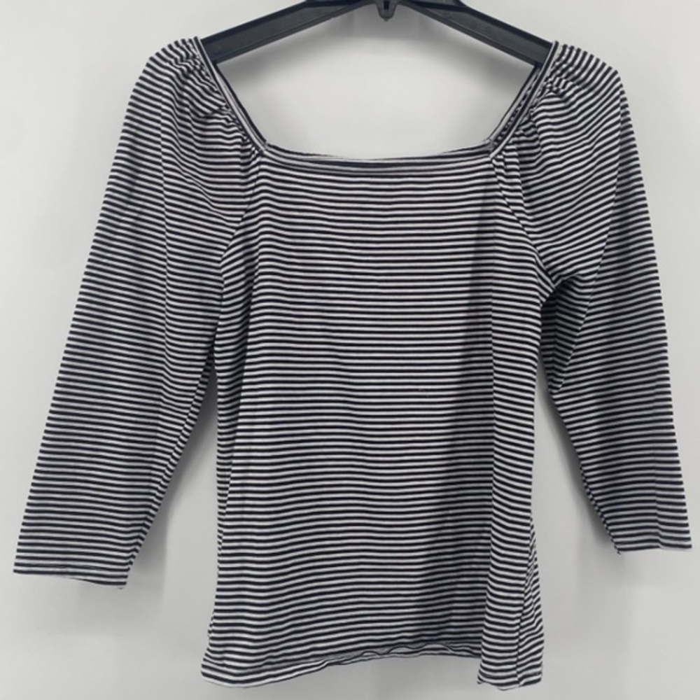 🌺 3/$25 🌺 Loft | Open Neck Black &’ White Striped 3/4 Length Sleeve Top | Sz M